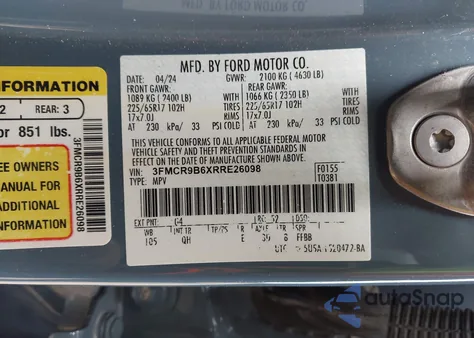 2024 Ford Bronco Sport Big Bend z USA, uszkodzony, nr VIN 3FMCR9B6XRRE26098